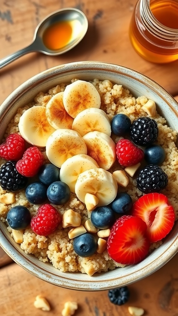 A nutritious quinoa breakfast bowl topped with berries, bananas, and nuts on a wooden table.